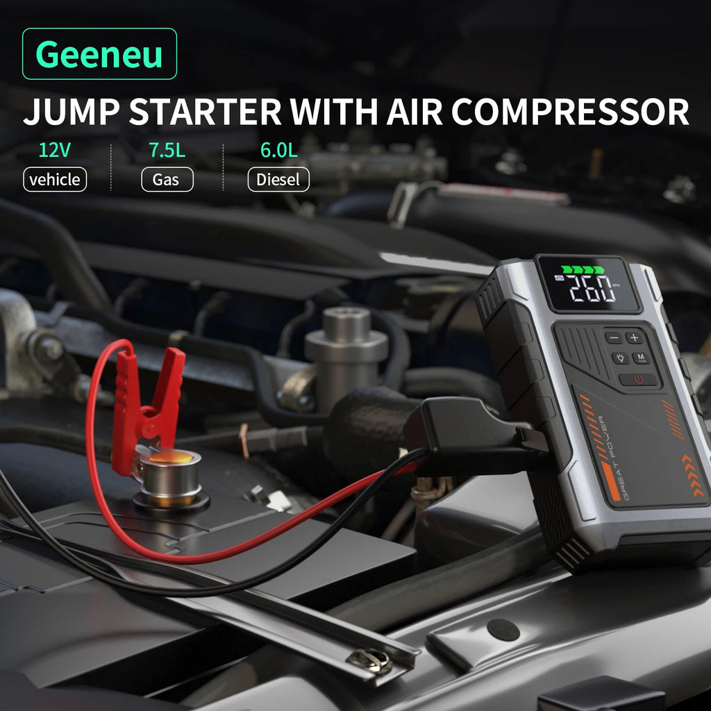 Portable Car Jump Starter With Air Compressor, 3000A Peak(7.5L Gas, 6.5L Diesel) , Jump Starter Battery PackWith150 PSl Tire Inf