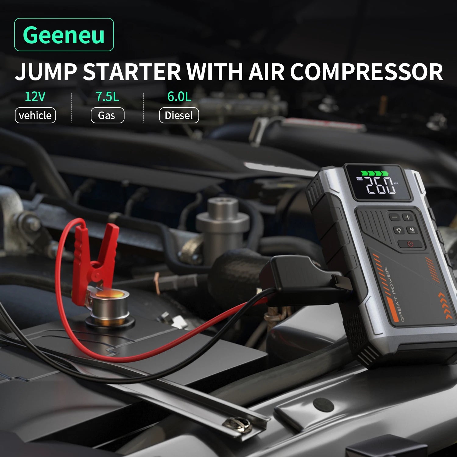 Portable Car Jump Starter With Air Compressor, 3000A Peak(7.5L Gas, 6.5L Diesel) , Jump Starter Battery PackWith150 PSl Tire Inf