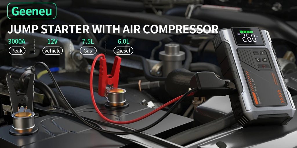 Portable Car Jump Starter With Air Compressor, 3000A Peak(7.5L Gas, 6.5L Diesel) , Jump Starter Battery PackWith150 PSl Tire Inf