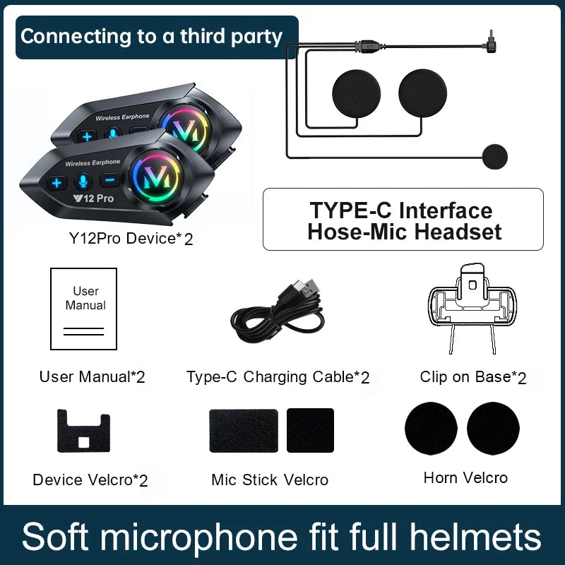 Y12 Pro Motorcycle Bluetooth Intercom – 2 Rider Set | 500M Range | IPX6 Waterproof
