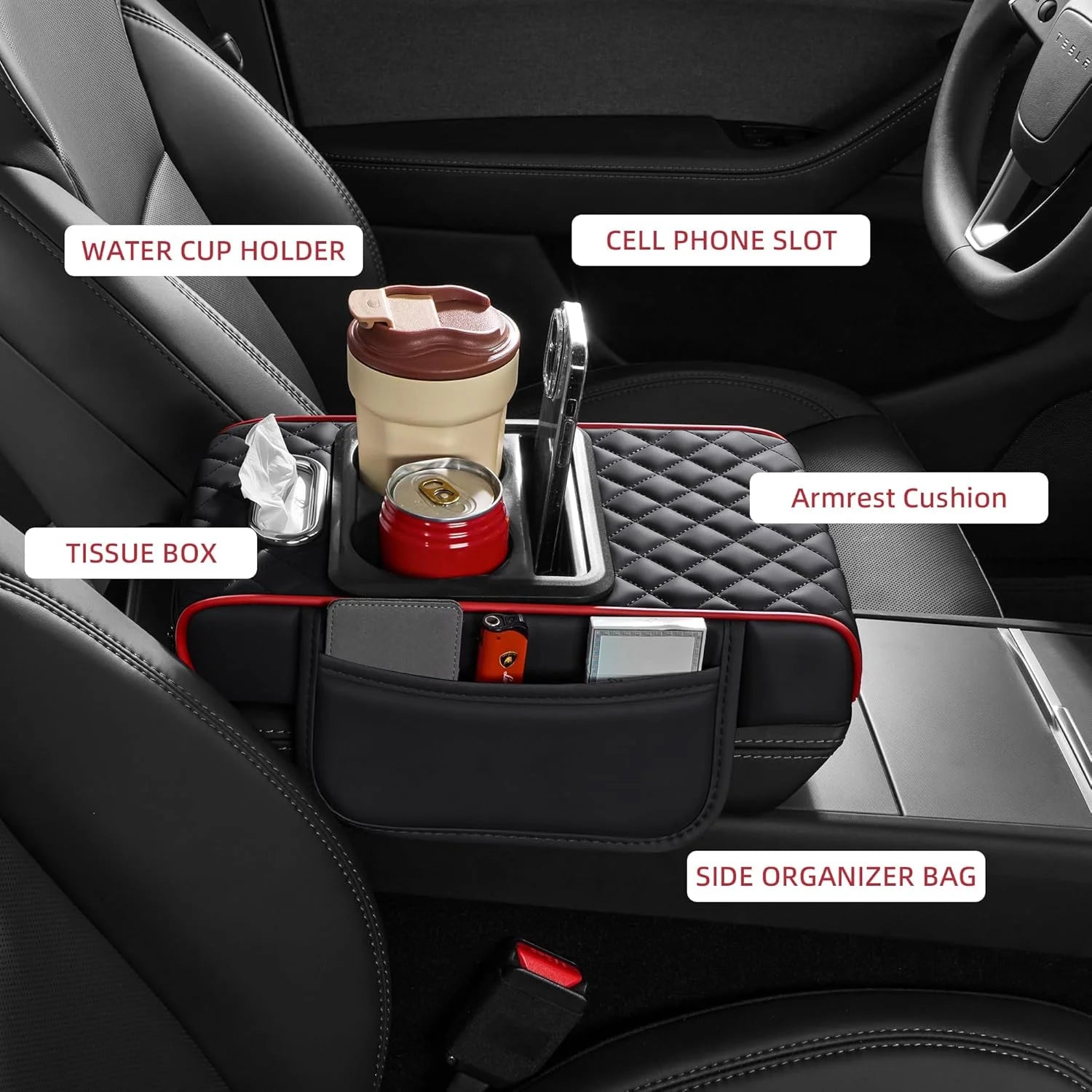 Car Center Console Organizer with Cup Holder & Armrest Cushion Pad