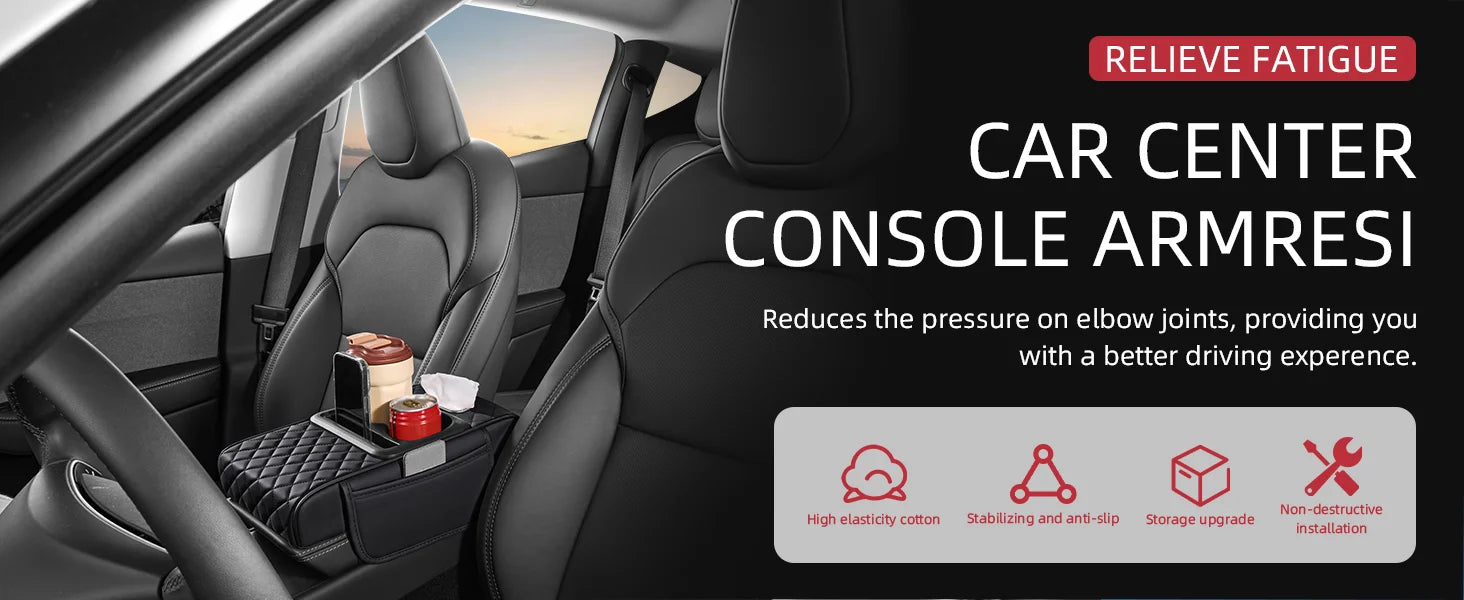 Car Center Console Organizer with Cup Holder & Armrest Cushion Pad