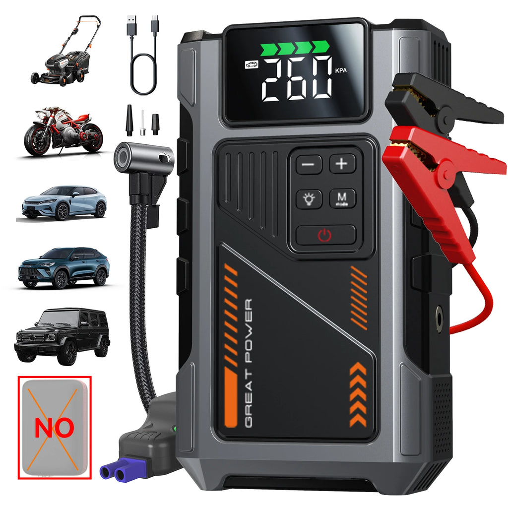 Portable Car Jump Starter With Air Compressor, 3000A Peak(7.5L Gas, 6.5L Diesel) , Jump Starter Battery PackWith150 PSl Tire Inf