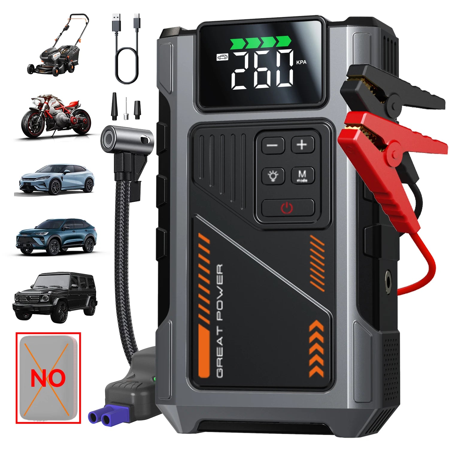 Portable Car Jump Starter With Air Compressor, 3000A Peak(7.5L Gas, 6.5L Diesel) , Jump Starter Battery PackWith150 PSl Tire Inf