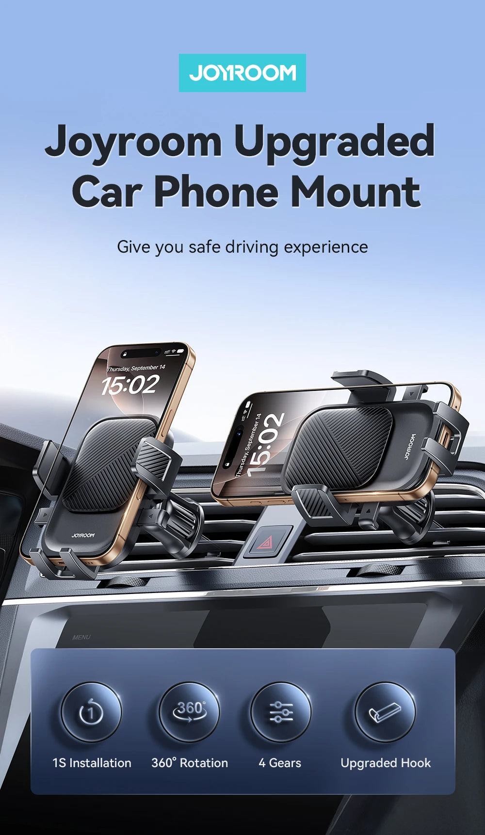 Joyroom 360° Car Phone Mount – Air Vent Holder | One-Hand Operation | Fits 4.7–6.9" Phones