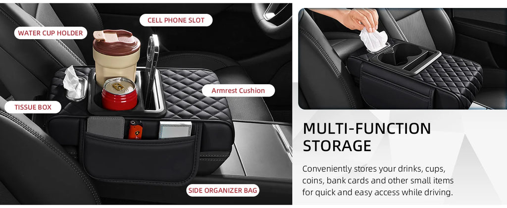 Car Center Console Organizer with Cup Holder & Armrest Cushion Pad