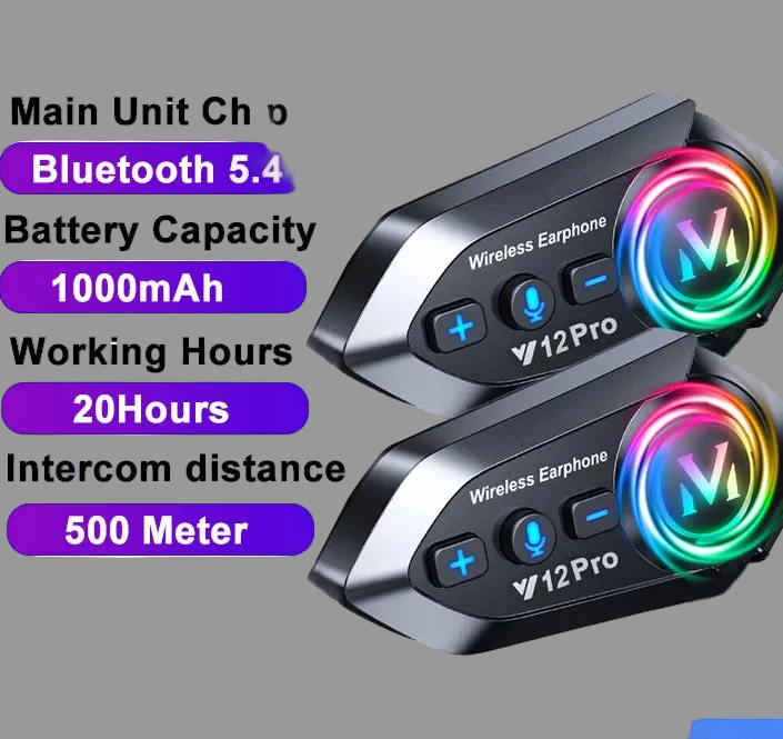 Y12 Pro Motorcycle Bluetooth Intercom – 2 Rider Set | 500M Range | IPX6 Waterproof