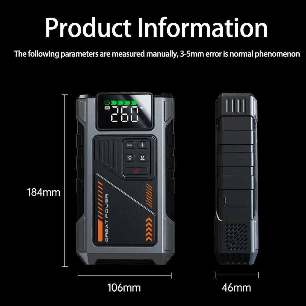 Portable Car Jump Starter With Air Compressor, 3000A Peak(7.5L Gas, 6.5L Diesel) , Jump Starter Battery PackWith150 PSl Tire Inf