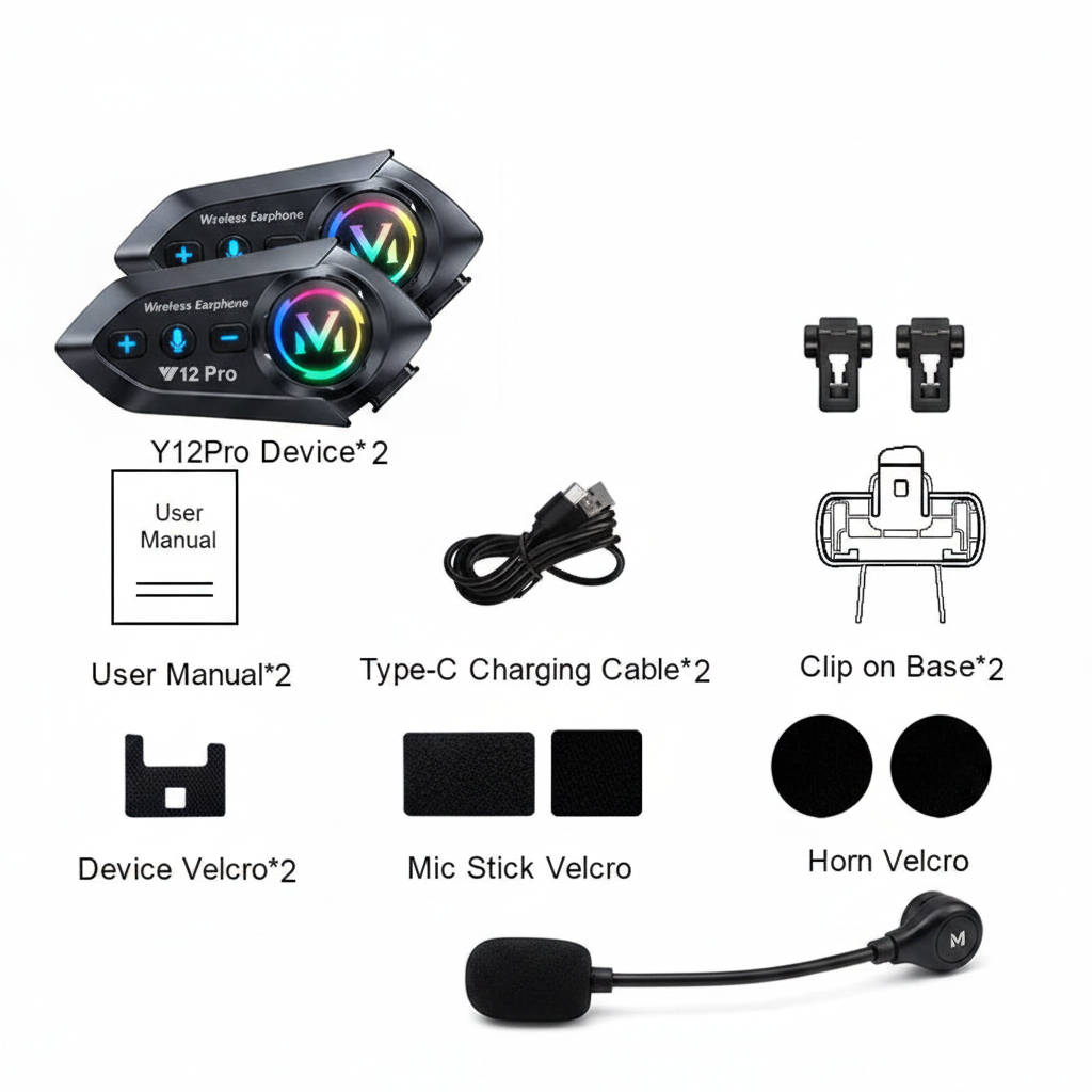 Y12 Pro Motorcycle Bluetooth Intercom – 2 Rider Set | 500M Range | IPX6 Waterproof