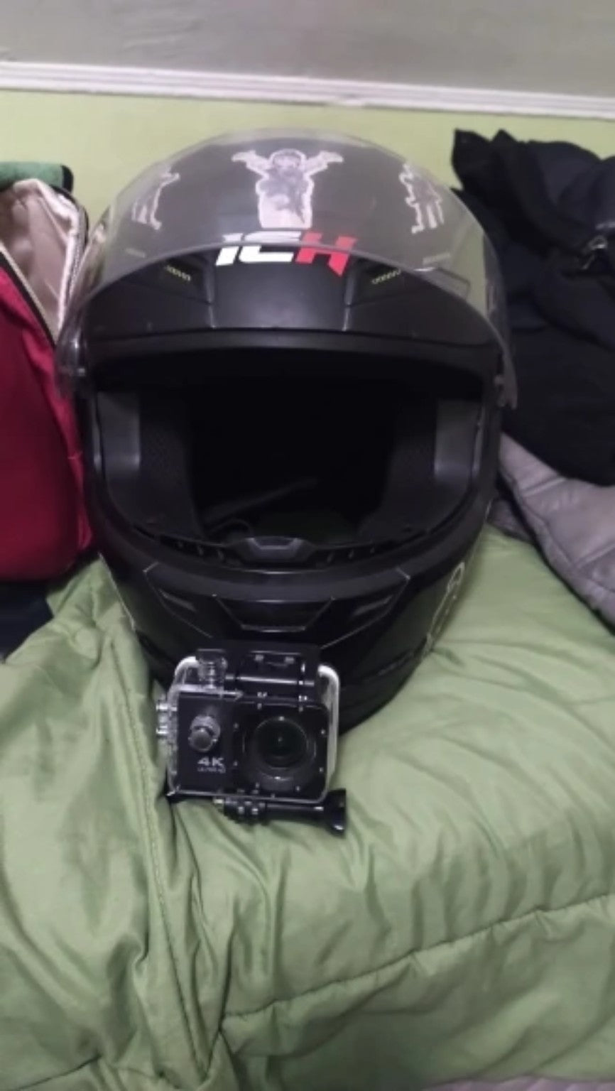 4K action camera mounted on motorcycle helmet – real customer photo