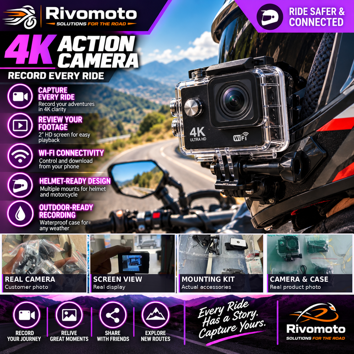 RivoMoto 4K Action Camera – portada oficial violeta con fotos reales