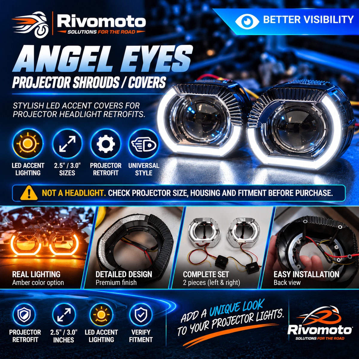 RivoMoto Angel Eyes projector shrouds – Better Visibility square cover, 2.5 and 3.0 inch options, not a complete headlight