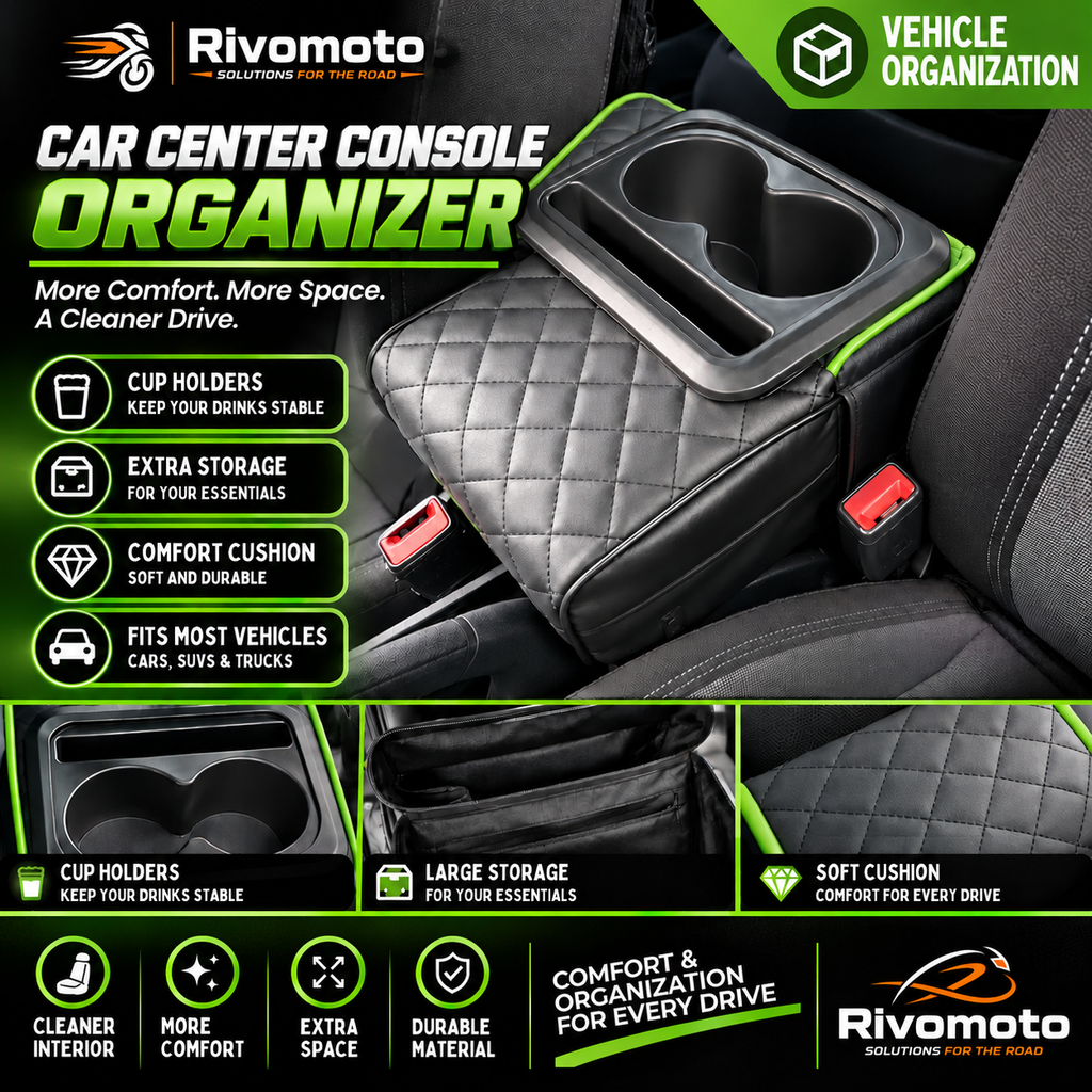 RivoMoto Car Center Console Organizer - Vehicle Organization - portada verde aprobada