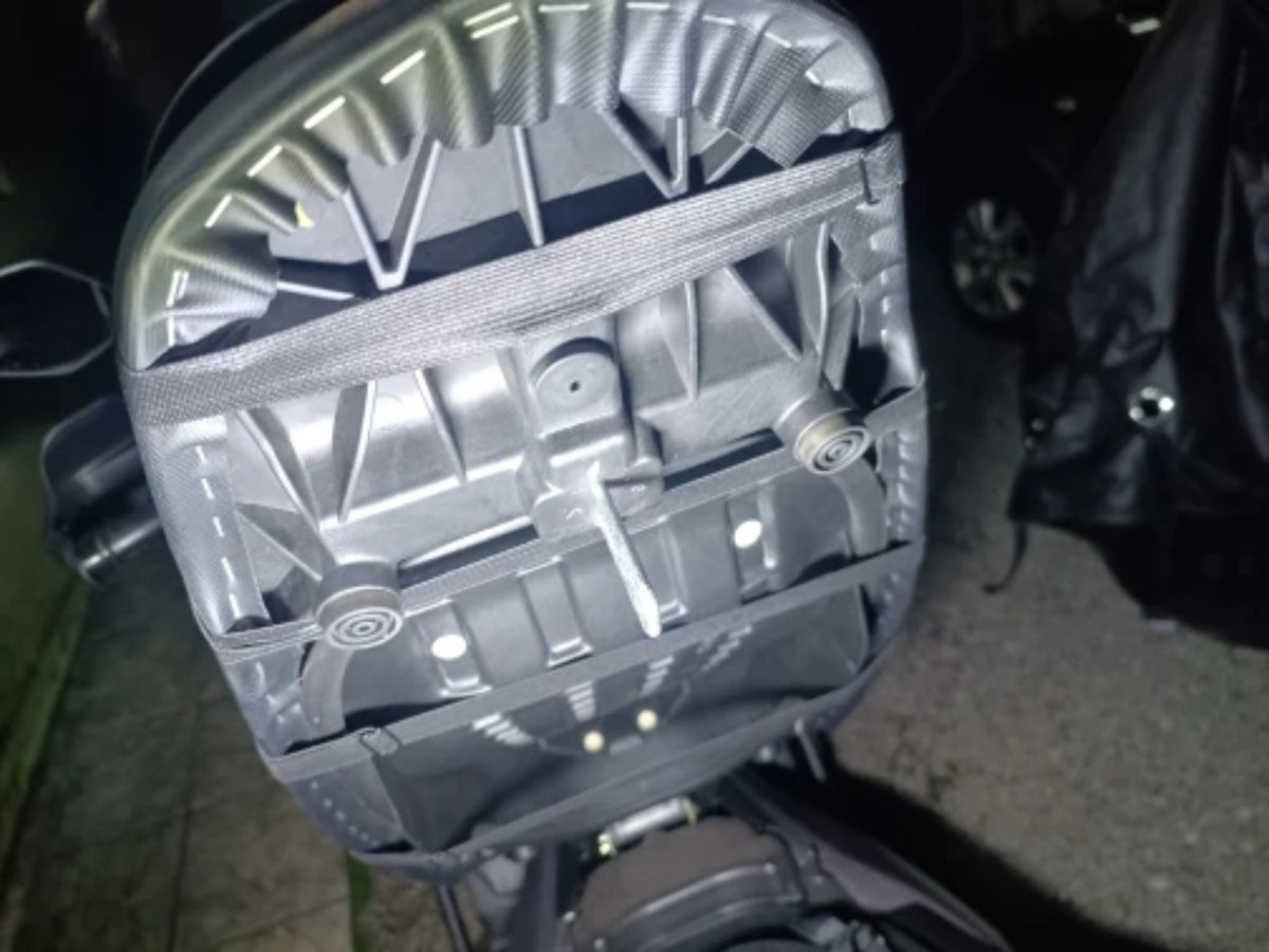 Motorcycle gel seat cushion underside and fastening straps – real customer photo