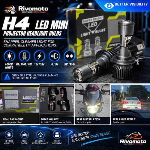 RivoMoto H4 LED Mini Projector Headlight Bulbs
