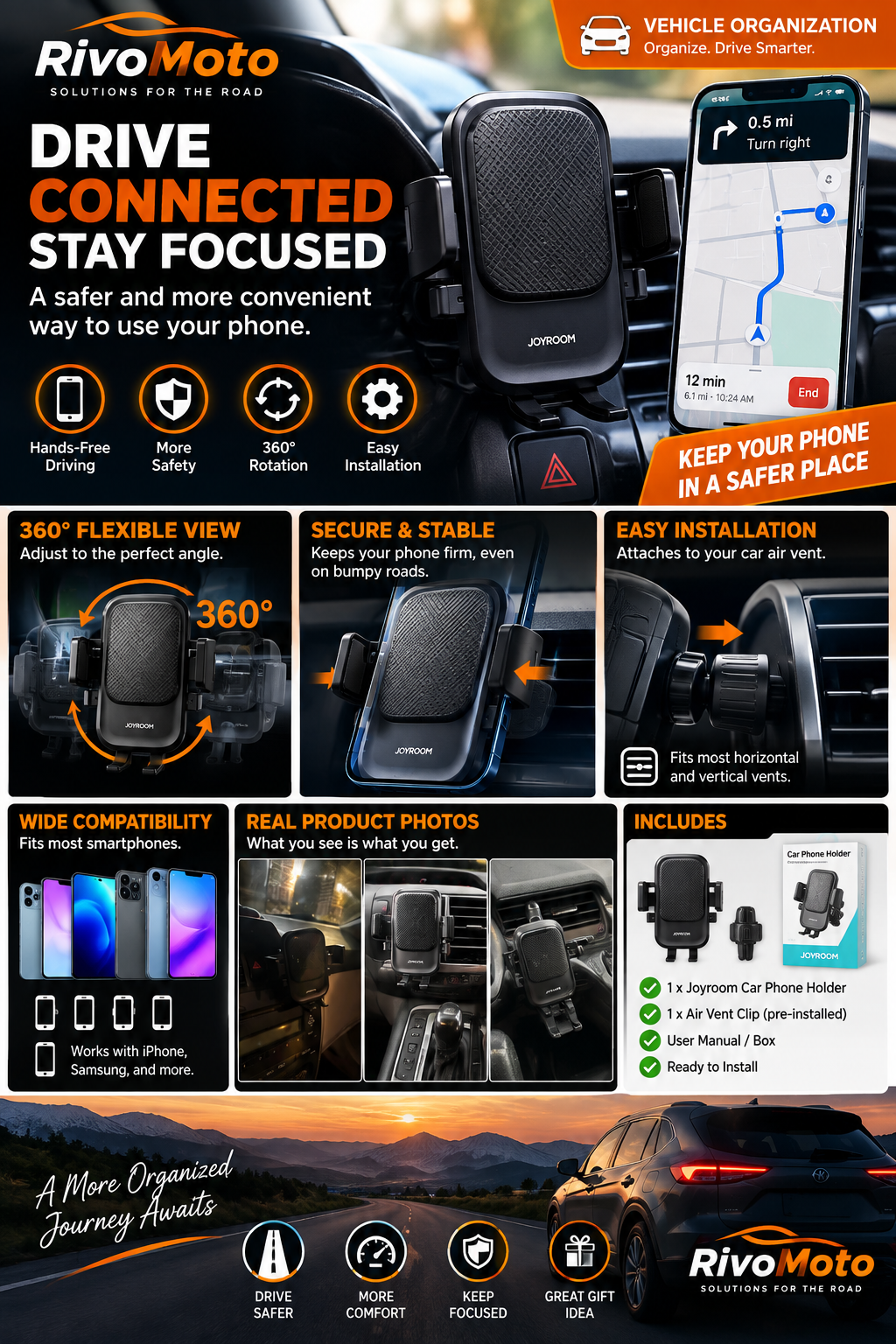 RivoMoto Joyroom 360 degree car phone mount – Vehicle Organization