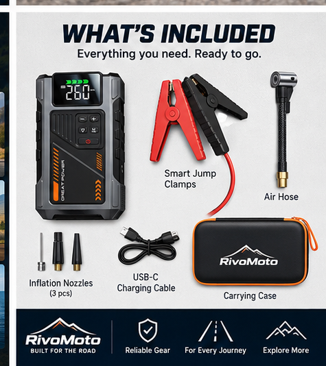 RivoMoto jump starter kit included accessories