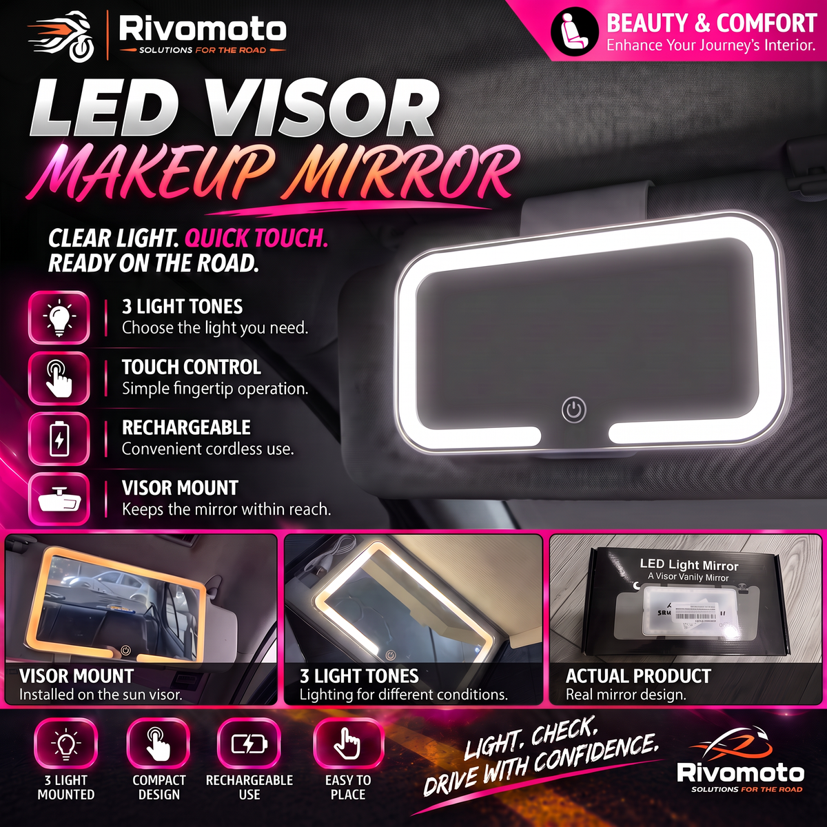 RivoMoto LED visor makeup mirror - Beauty & Comfort