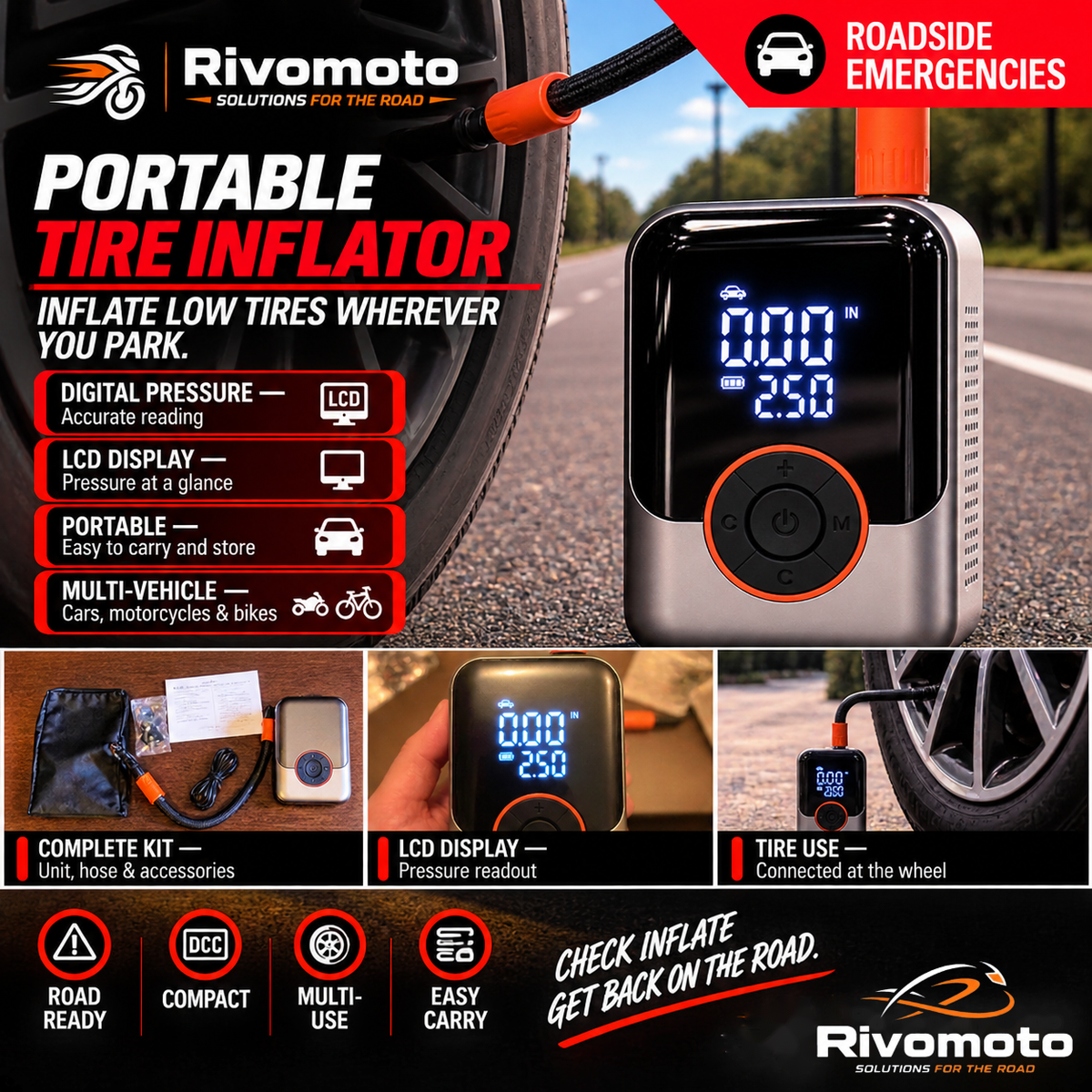 Rivomoto Portable Tire Inflator - Roadside Emergencies