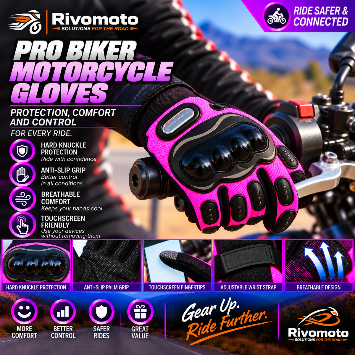 PRO Biker Motorcycle Gloves – portada violeta oficial aprobada