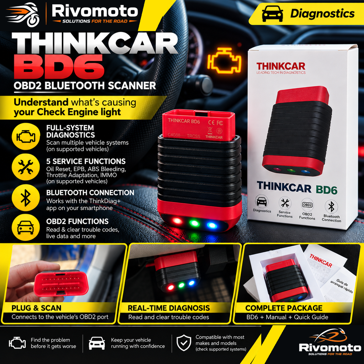 RivoMoto Thinkcar BD6 OBD2 Bluetooth Scanner – Diagnose & Fix cover
