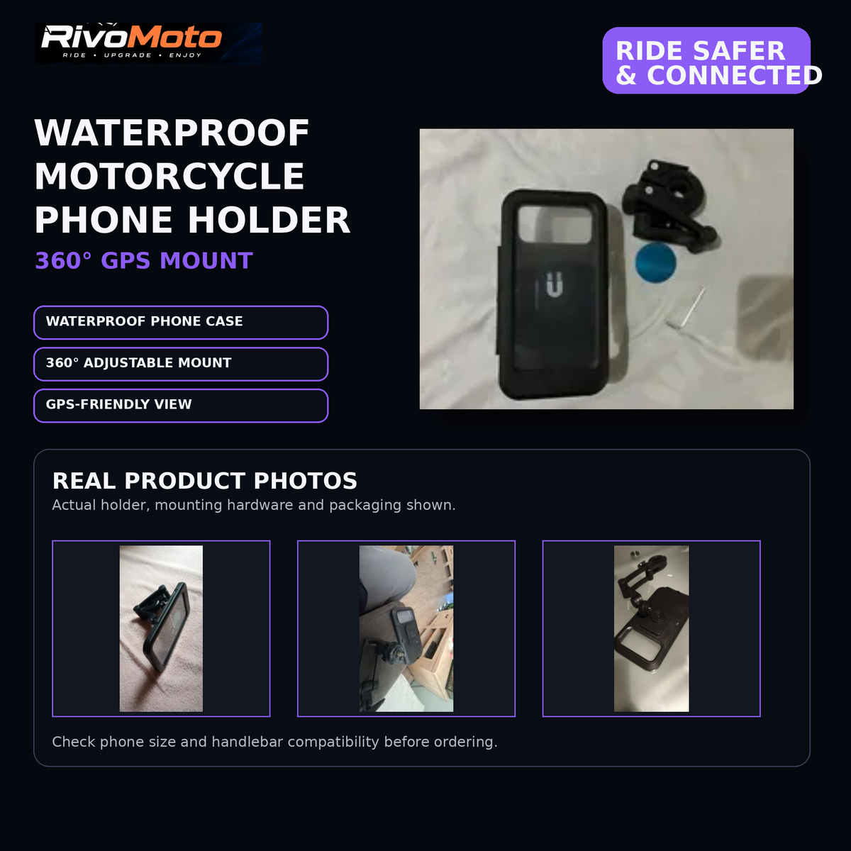 RivoMoto waterproof motorcycle phone holder 360 degree GPS mount