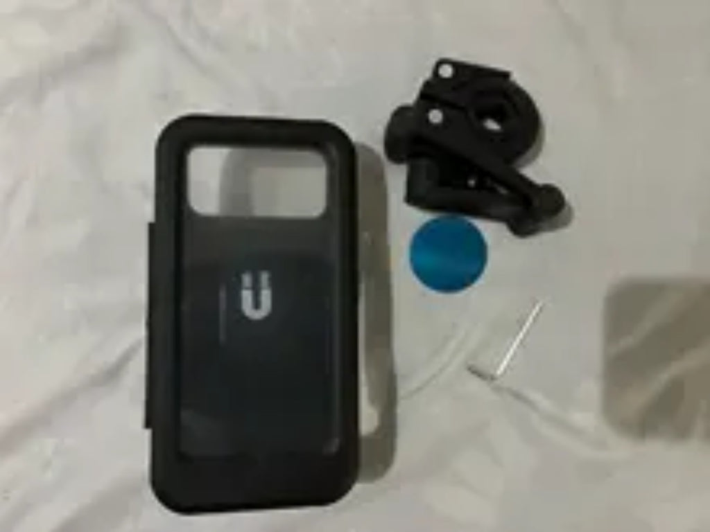 Waterproof motorcycle phone holder with mounting hardware and accessories