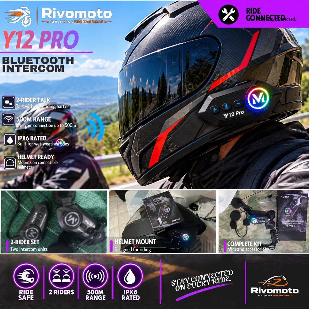 RivoMoto Y12 Pro Bluetooth Intercom – Ride Safer & Connected | 2 Riders | 500M | IPX6